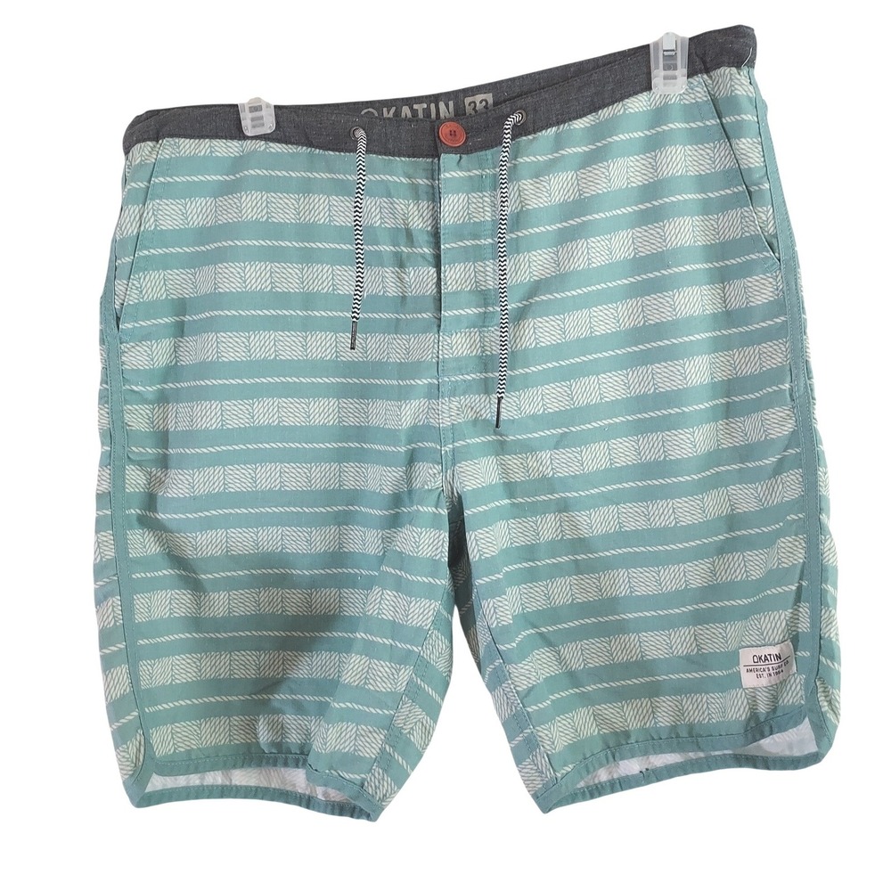 Katin Board Shorts Mens 33 Teal Blue Striped Rope Print Hybrid Surf Trunks